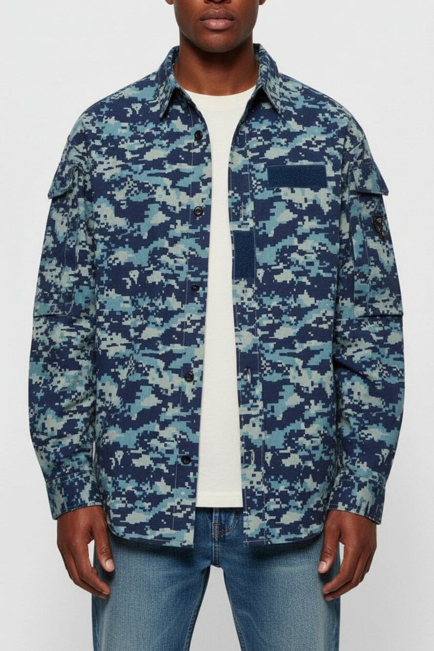 Diesel S-Davies Blue Camo Cotton Button Down Shirt XXL
